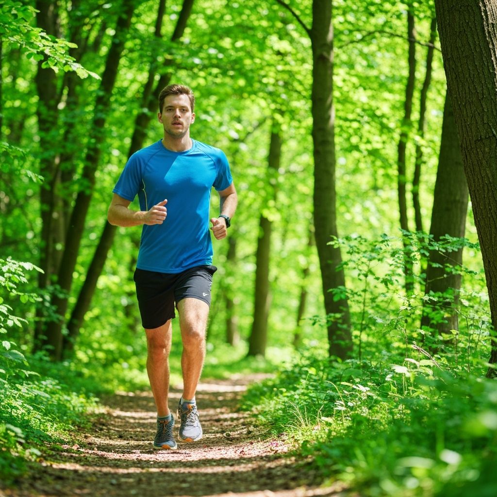 Person jogging outdoors in a natural setting