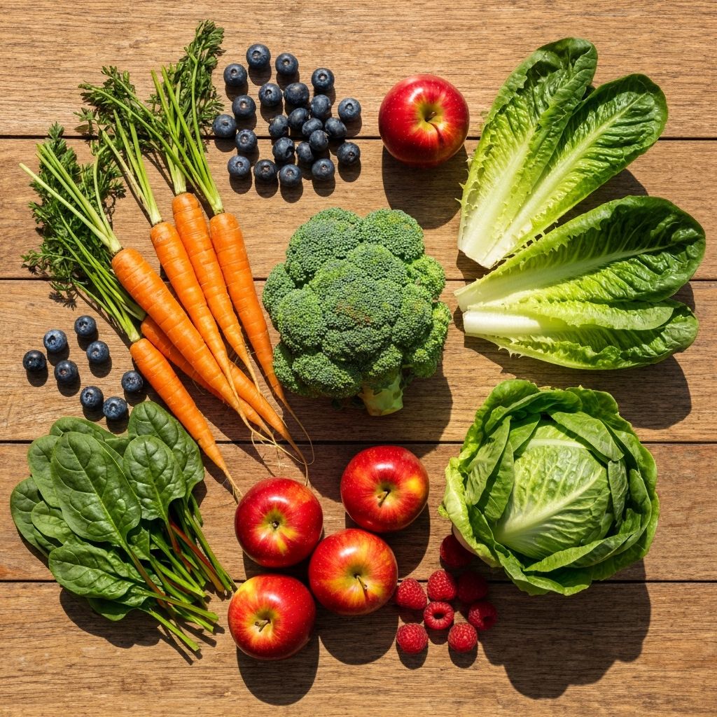Colorful arrangement of fresh vegetables and fruits